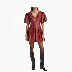 LDT Alexis Red Faux Leather Puff Sleeve Flare Dress